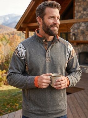 Legendary Whitetails Gray Sweatshirt with Orange Trim and Camo Shoulders